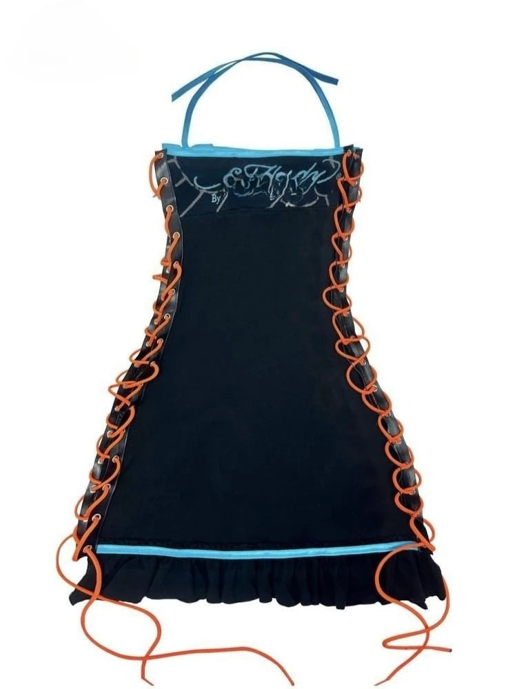 Joskaa Halter Printed Y2k Line Up Wacky Contrast Dress Women Gothic Party Sexy Hollow Bandage Halloween Makeup Dresses Outwear