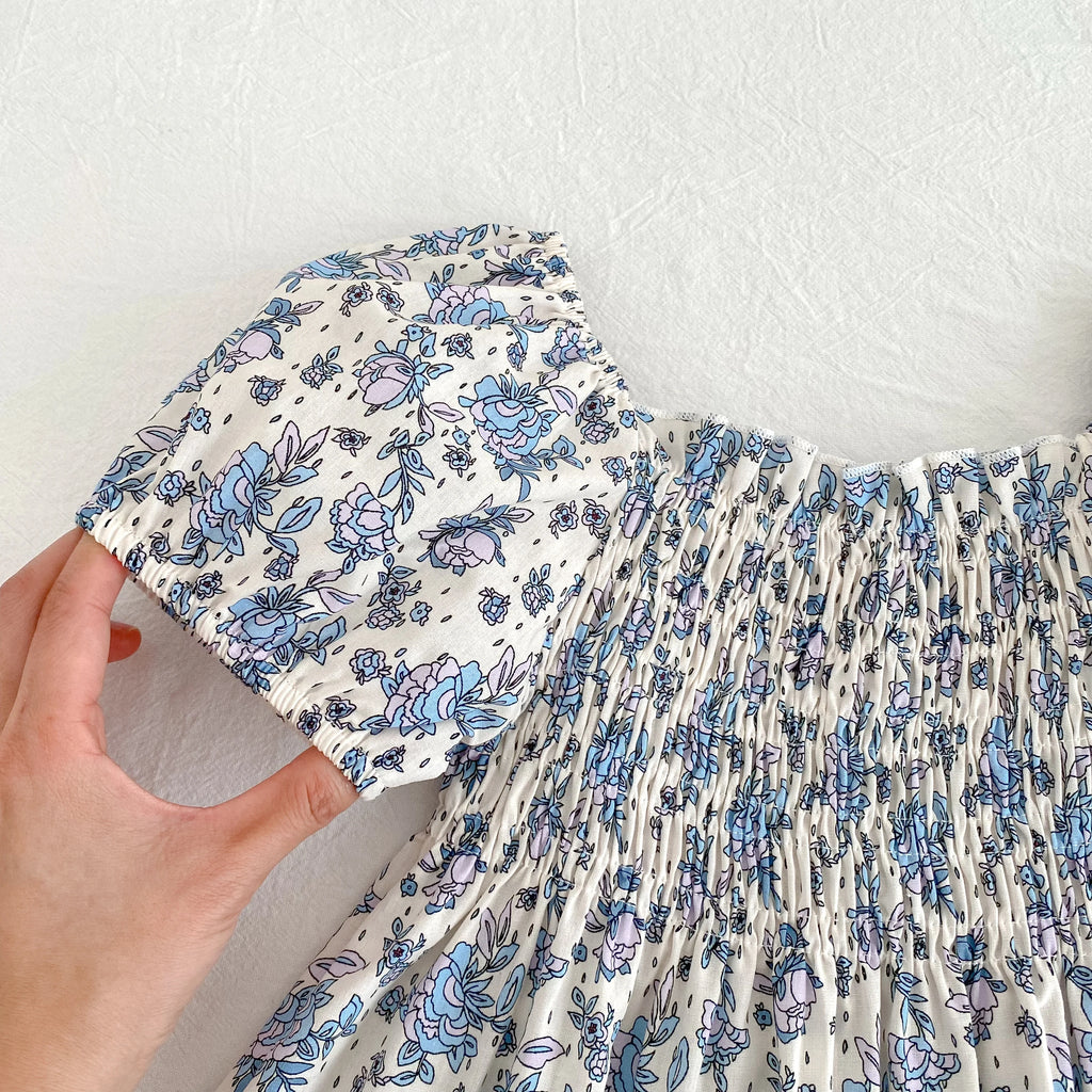 Toddler Girls Floral Princess Dress Little Girl Cotton Short Sleeve Blue Flowers Party Dress Summer Casual Dresses Kids Clothes