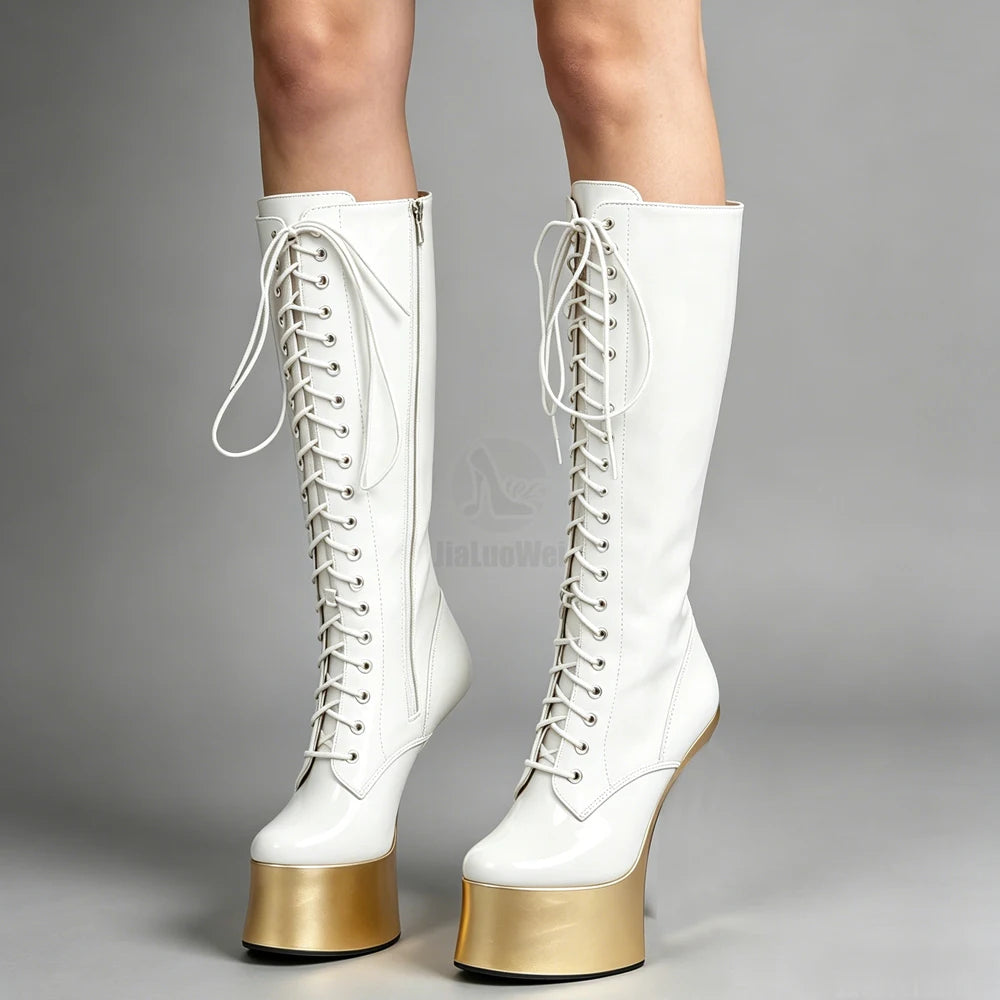 JIALUOWEI New Ponyplay Style 7inch High Heel Platform Knee High Fetish Boots Size36-46