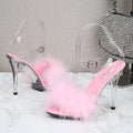 Feather Sandals Women Furry High Heels Ankle Plush Sandals Woman Transparent Heels With Fur Stripper Heeled Sandal Women Evening