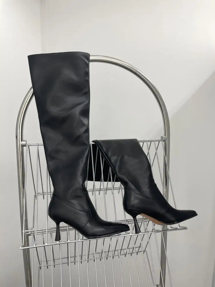 Party Modern Ladies Knee High Boots Pointed Toe Fashion Pleated Western Women Long Boots Shoes Female Pumps Heels Shoes