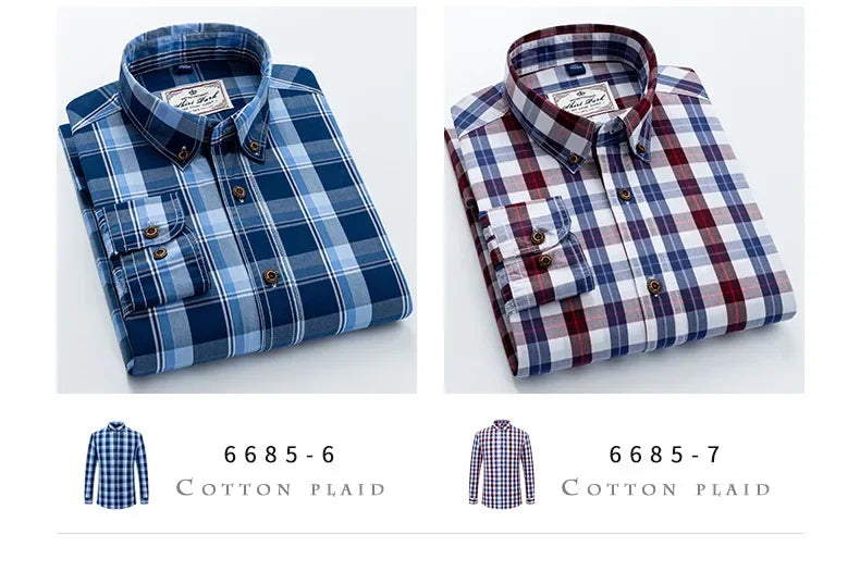 Neue Herren-Langarmhemd aus reiner Baumwolle im Karomuster Frühling Ganzbaumwoll-Freizeithemd Koreanischer Stil Schlank machend Glättet Ihre Silhouette Bügelfrei