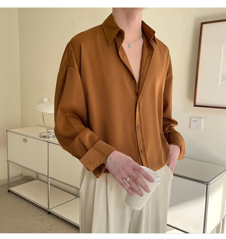 White Long Sleeved Shirt Men Oversized Fashion Social Mens Dress Shirt Korean Loose Ice Silk Shirt Mens Office Formal Shirts