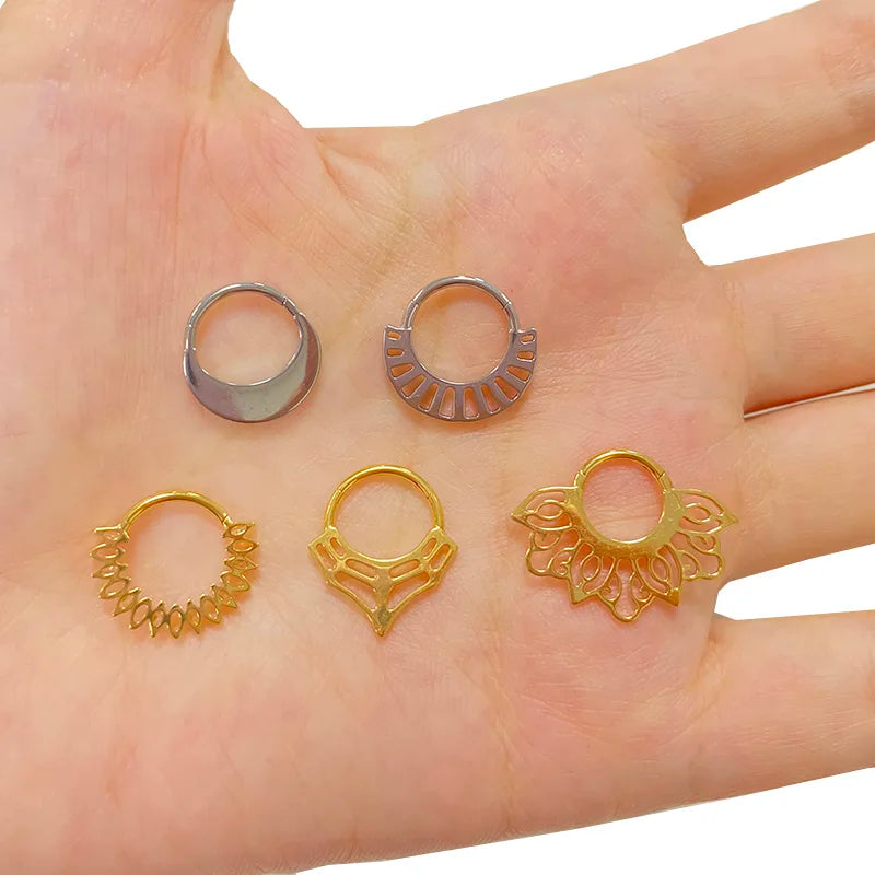 ASTM F136 Titanium Nose Rings PIERC Fan-shaped and Side CZ Ring Hoop EAR Hinged Clicker Earring Labret Tragus Ring Body Piercing