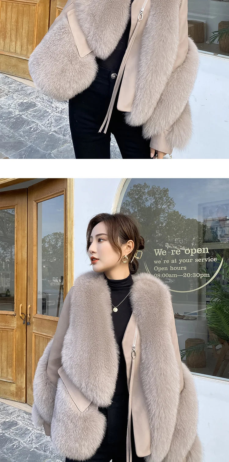 OFTBUY 2022 Real Fur Coat Winter Jacket Women Natural Fox Fur Genuine Leather Outerwear  Streetwear Locomotive Thick Warm New