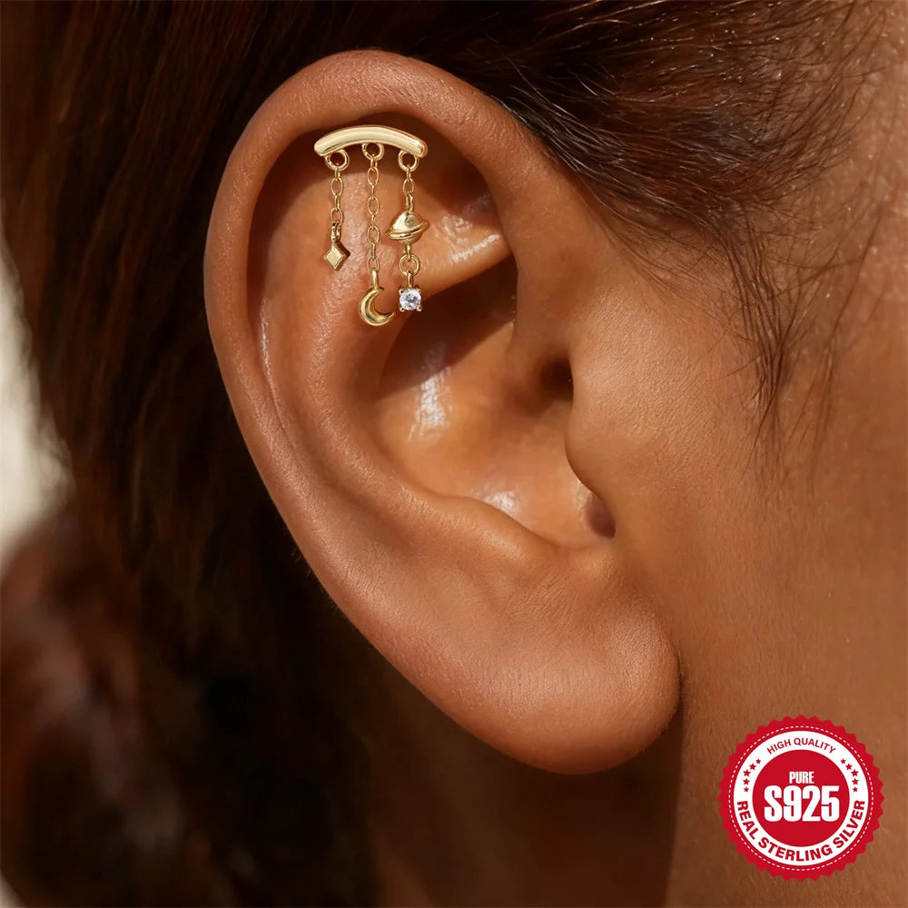 CANNER 1PC Tassel Chain Star Moon 925 Sterling Silver Flat Head Piercing Earring For Woman Ins 14K Gold Plated Dainty Jewelry