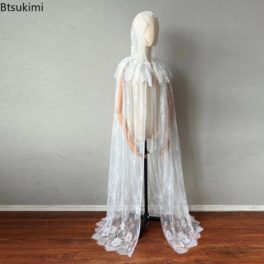 Halloween Medieval Women Lace Lace Up Hooded Cloak Elegant Black White Bride Shawl Party Witch Wizard Cosplay Costumes Clothing
