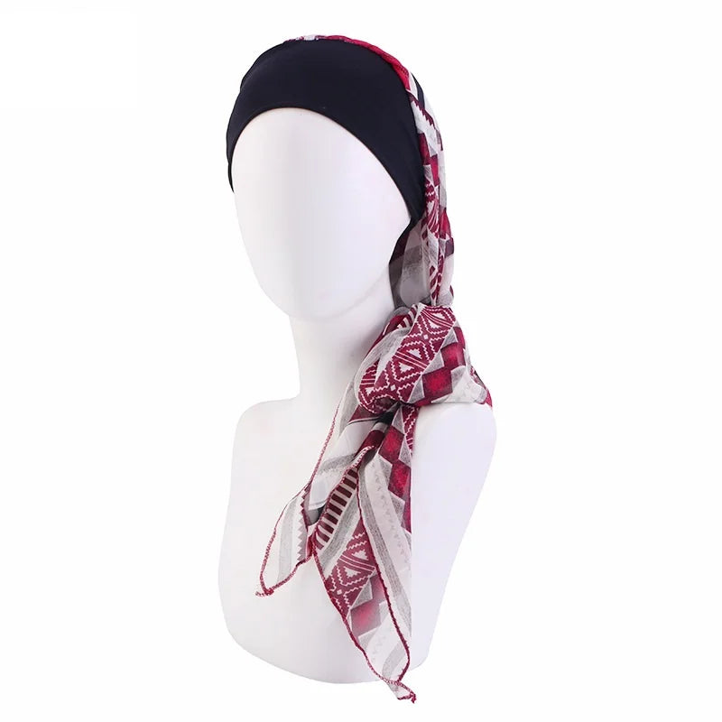 New Muslim Women Hijab Head Wrap Pre-Tied Headwear Cancer Chemo Flower Printed Elastic Turban Cover Hair Loss Head Scarf Bandana