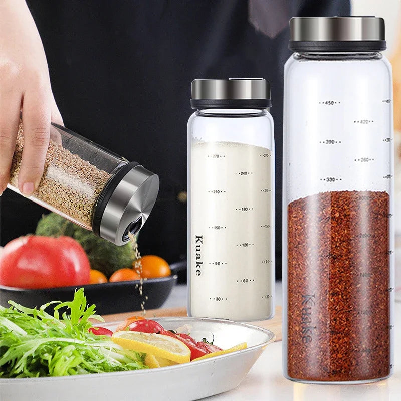 Bote de especias de vidrio de borosilicato alto para pimienta, sal, sésamo, condimento sólido, botella sellada con tapa giratoria