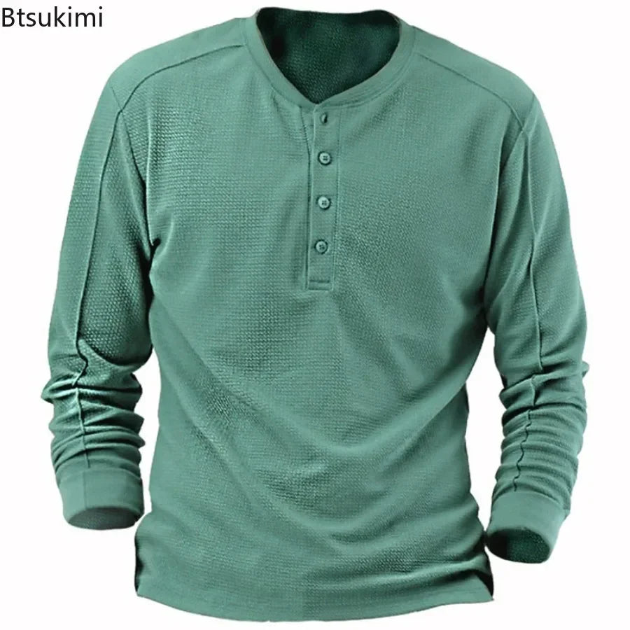 2026 Fashion Men's Waffle Long Sleeve T-shirt Solid Casual Men Henry Collar Tees Pullover Spring New Male Comfort Ventilate Tops