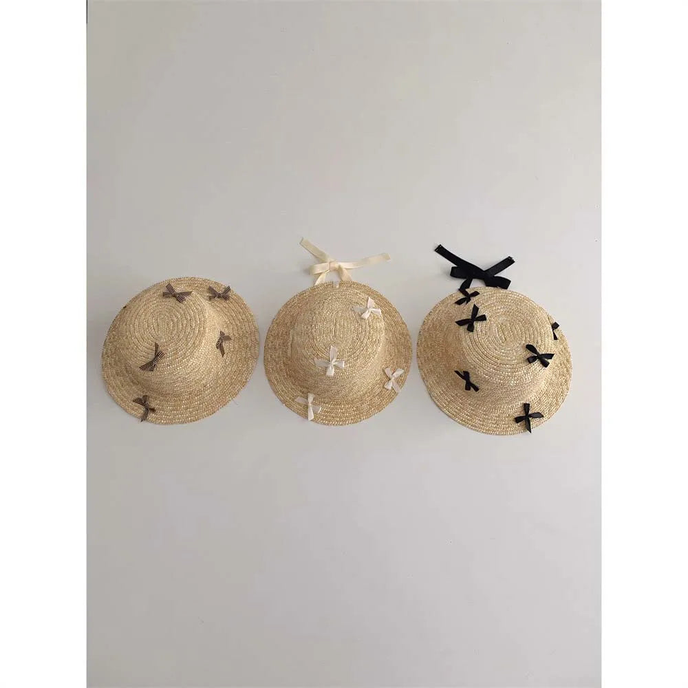2025 Summer Kids Sun Hat Bag Printcess Bow Girls Panama Caps Kids Sun Protection Beach Straw Hat Bag