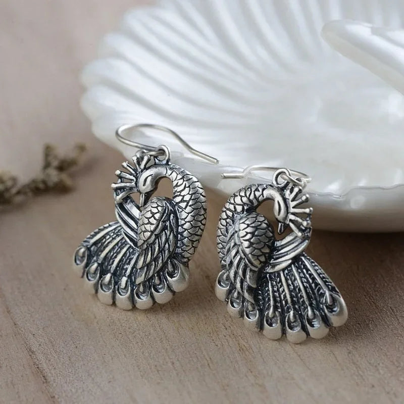 Vintage Animal Peacock Earrings for Women Fashion Metal Carving Handmade Personality Dangle Earrings Party Jewelry