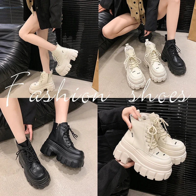 9CM Autumn High Platform Leather Boots Wedge Heels Ankle Boots Winter Women Lace-up Warm Shoes Motorcycle Chunky Sneakers Woman