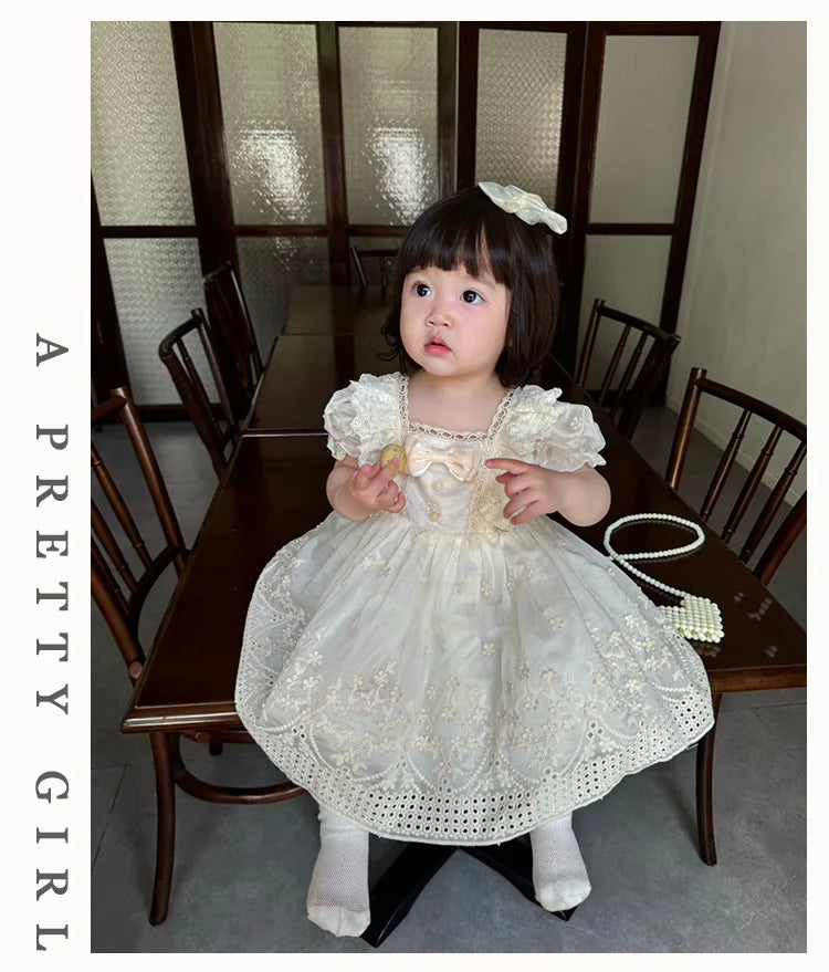 Girls' French Lolita Princess Dress, New Summer Style One-Year-Old Dress, White Cute Little Girl's Beautiful Short-Sleeved Dress