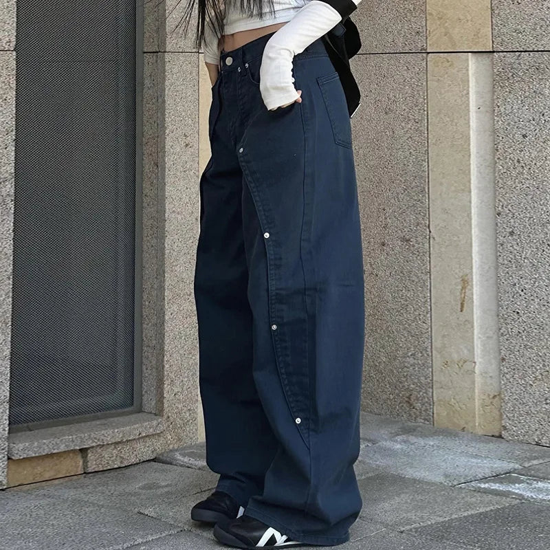 BKQU Fashion Straight Wide Leg Pants Women Baggy Jeans 2024 New American High Waist Irregular Rivets Design Wash Denim Trousers