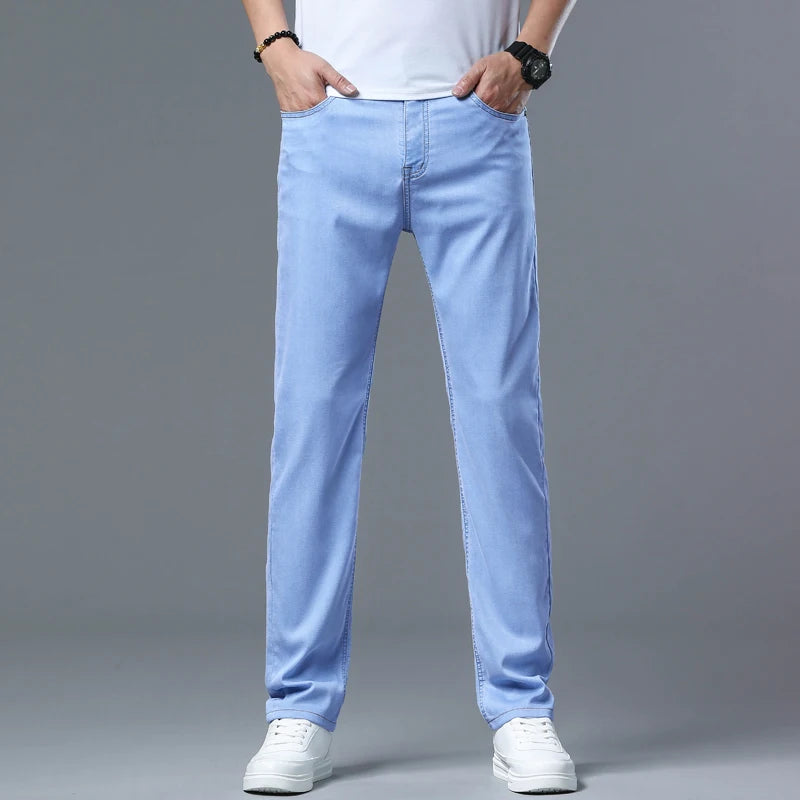 2025 Summer New Men's Light Blue Slim Stretch Jeans Lyocell Thin Style Fashion Casual Ice silk Denim Pants Male Brand Trousers