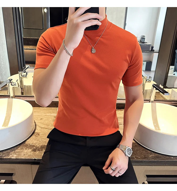 Spring Summer Men's Half High Neck Short Sleeve T-shirt Korean Slim Fit Solid Color Bottom Shirt Casual Cotton Elastic T-shirts