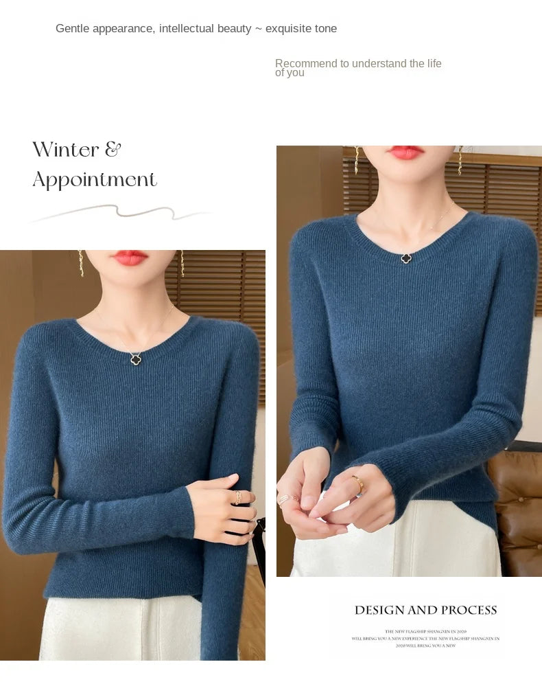 Early Fall New Crew-Neck Sweater Elegant High Elastic Simple Solid Color Thin Knit Crew-Neck Sweater Long Sleeve-GH458