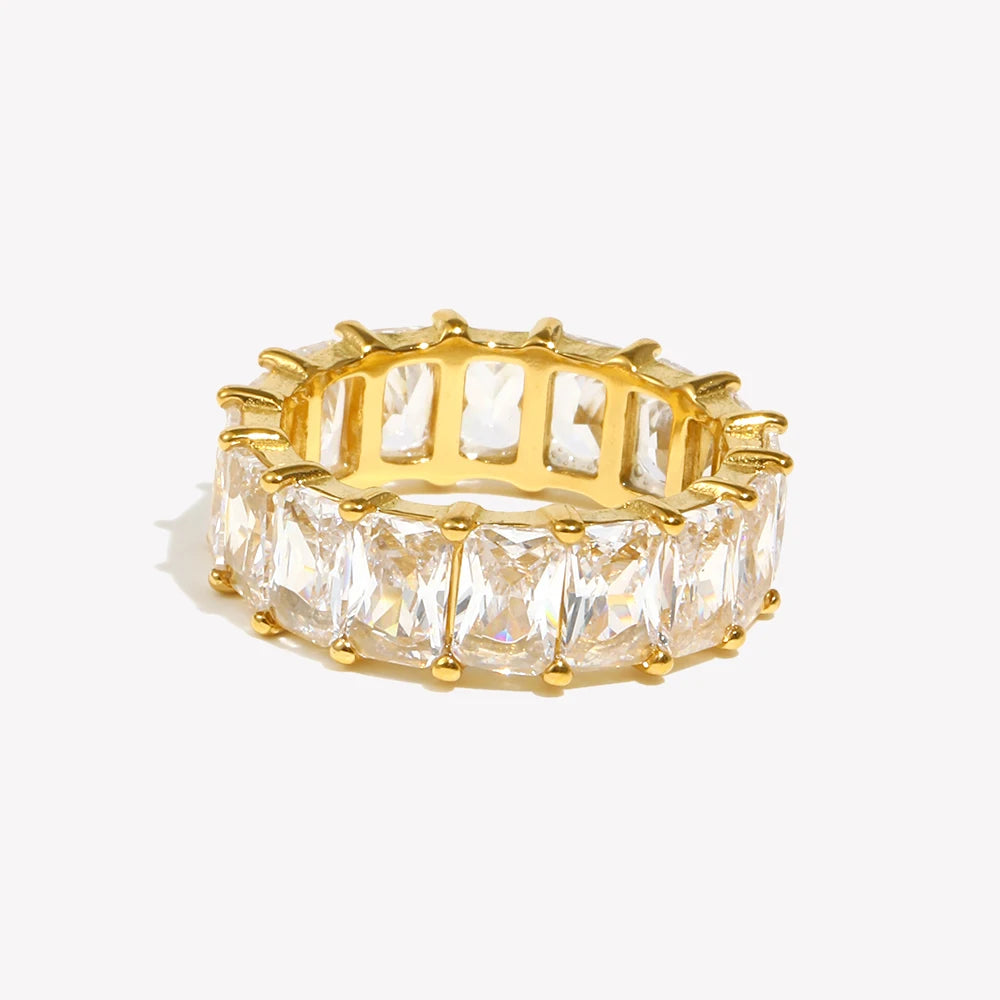 E.B.belle Tarnish Free 18K Gold Plated Shiny Square Zircon Ring 316L Stainless Steel Transparent Waterproof Women's ring