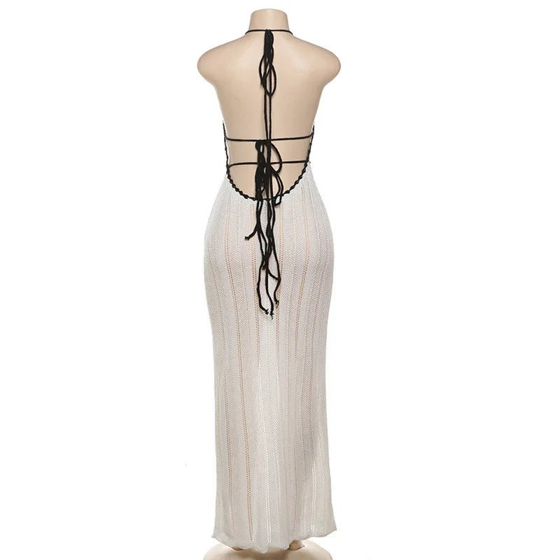 Nsauye Casual Knitted Women Halter Fashion Maxi Hollow Out Dress Summer Beach Long Sexy Backless Party Birthday Club Dress 2024