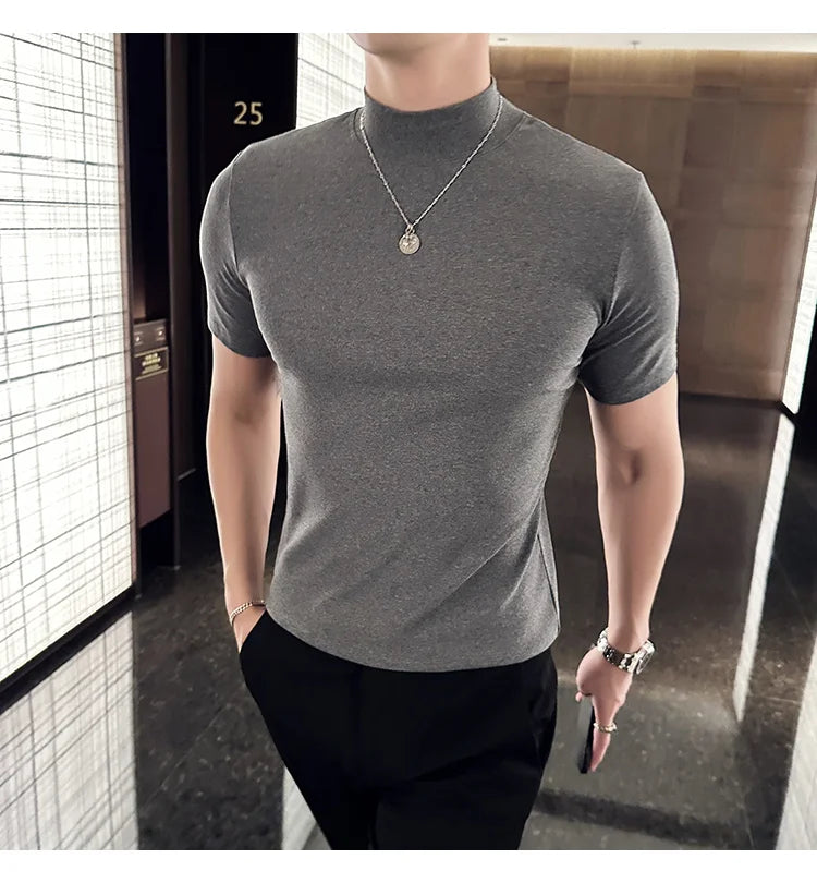 Spring Summer Men's Half High Neck Short Sleeve T-shirt Korean Slim Fit Solid Color Bottom Shirt Casual Cotton Elastic T-shirts