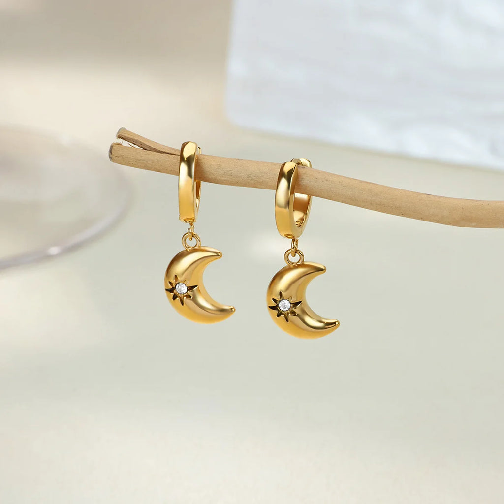 Zircon Star Moon Earrings For Women Gold Color Stainless Steel Star Moon Drop Earring Fashion Aesthetic Christmas Jewelry Gift