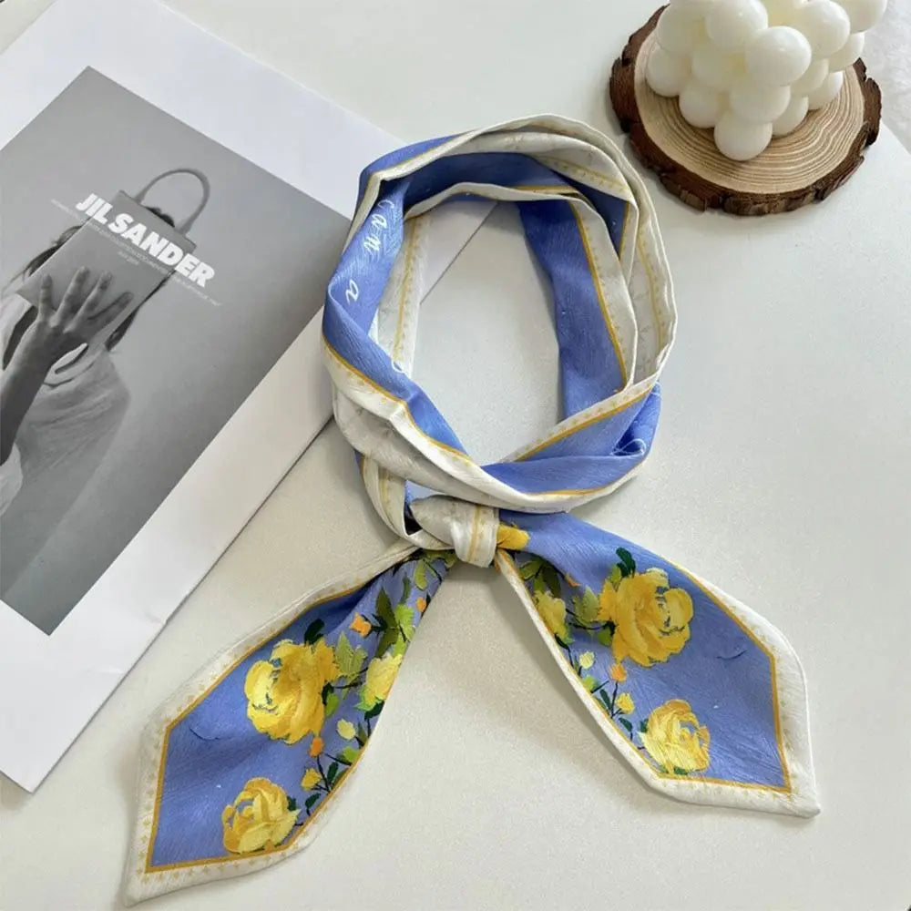 Summer Versatile Satin Silk Ribbon Scarf Fresh Floral Narrow Hair Tie Long Thin Fashion Accessory for Women Bag Strap