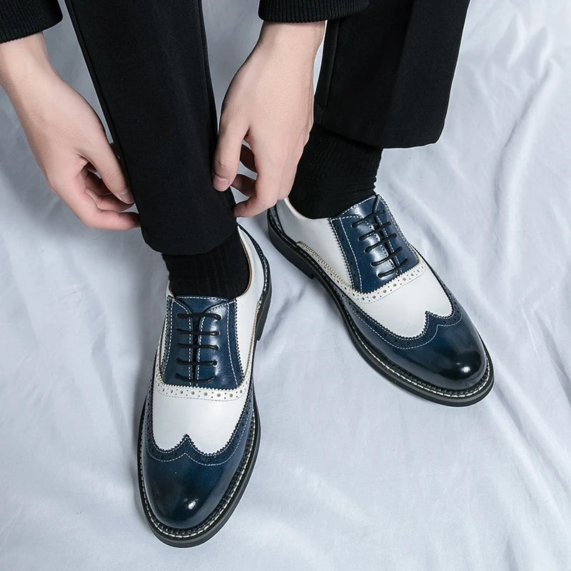 British Men's Trendy Shoes Handmade Sole Brogue Shoes Fashionable Blue Men's Leather Casual Shoes Versatile Free Delivery