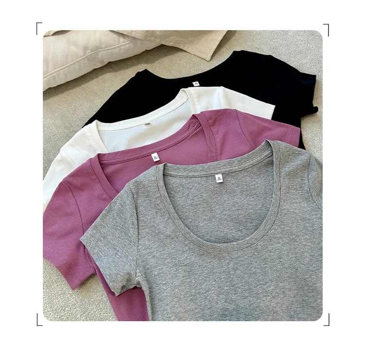 Spring Summer New Short Sleeve T-Shirt Women Solid Simple Casual Soft All-Match Hot Basic Slim Tops Tees Summer Fashion 2026