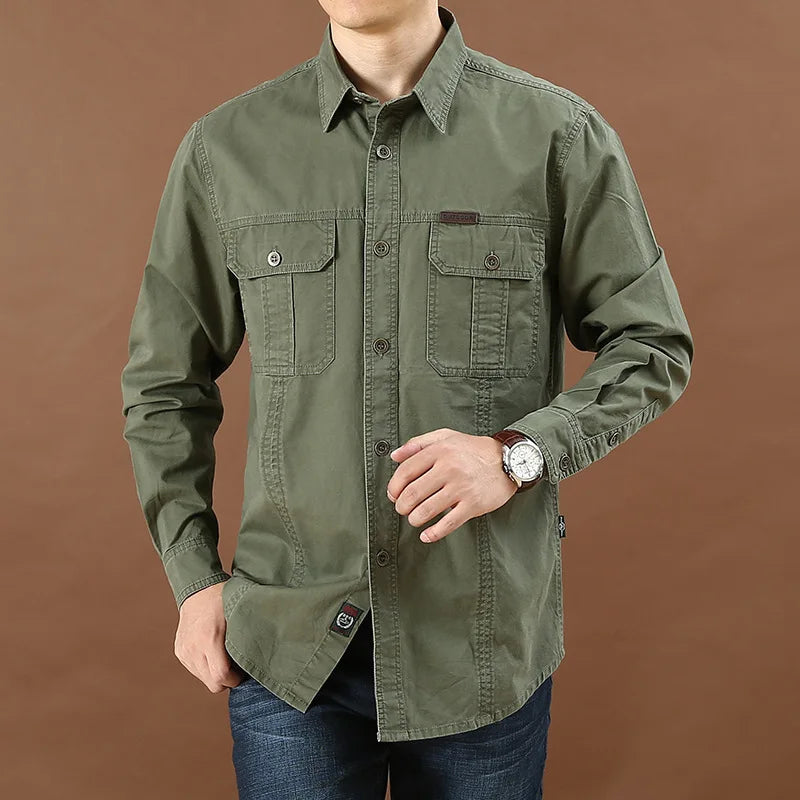 Chaqueta cargo de talla grande 6XL para hombre, 100 % algodón, de alta calidad, a la moda, para primavera y otoño, de manga larga, color liso, informal, con múltiples bolsillos