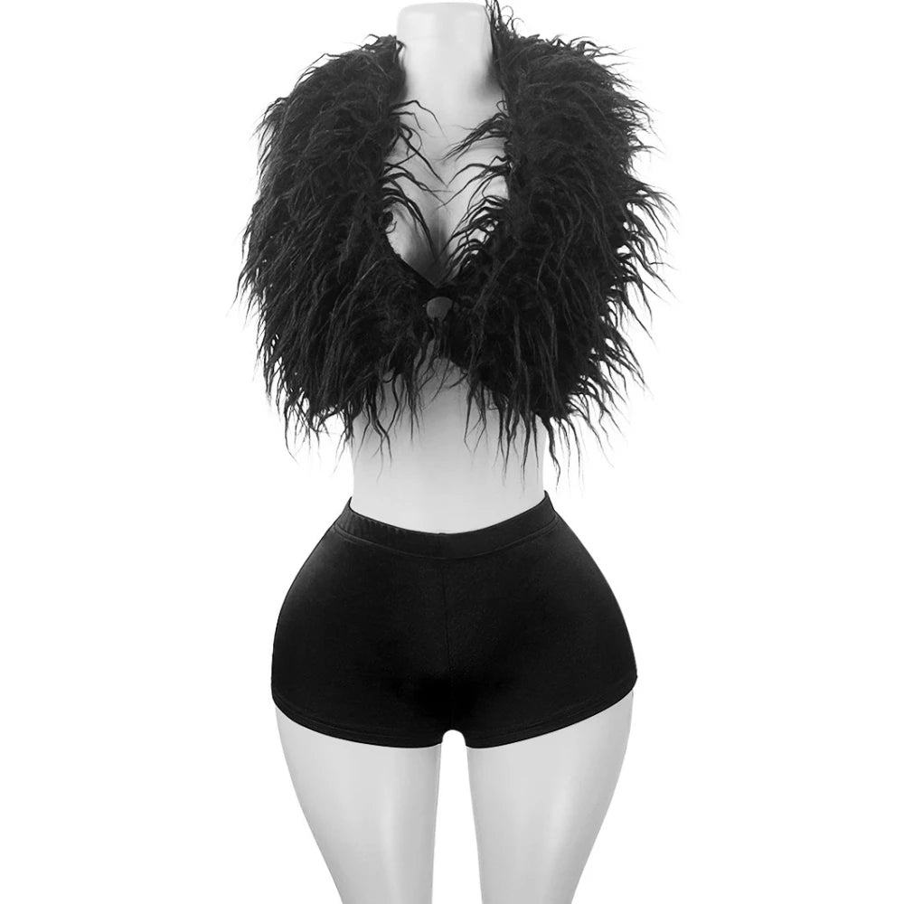 HLJ&GG Fashion Y2K Fur Hollow Out Streetwear Women Sleeveless Slim Crop Top And Shorts Outfits Female Trend 2pcs Outfits 2025