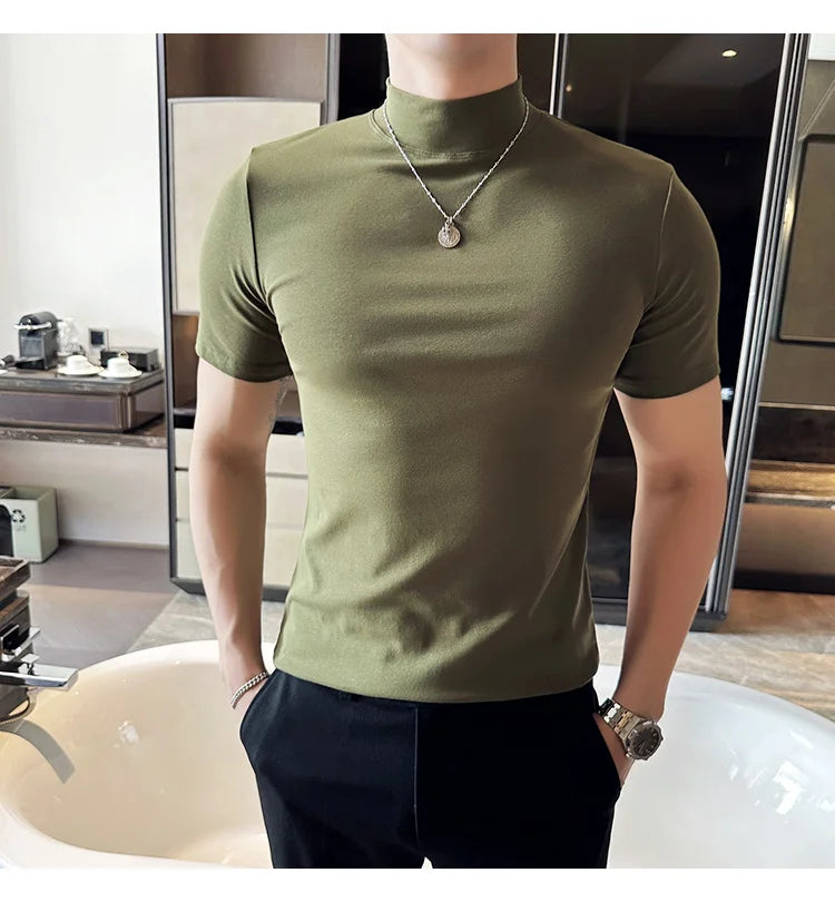 Spring Summer Men's Half High Neck Short Sleeve T-shirt Korean Slim Fit Solid Color Bottom Shirt Casual Cotton Elastic T-shirts