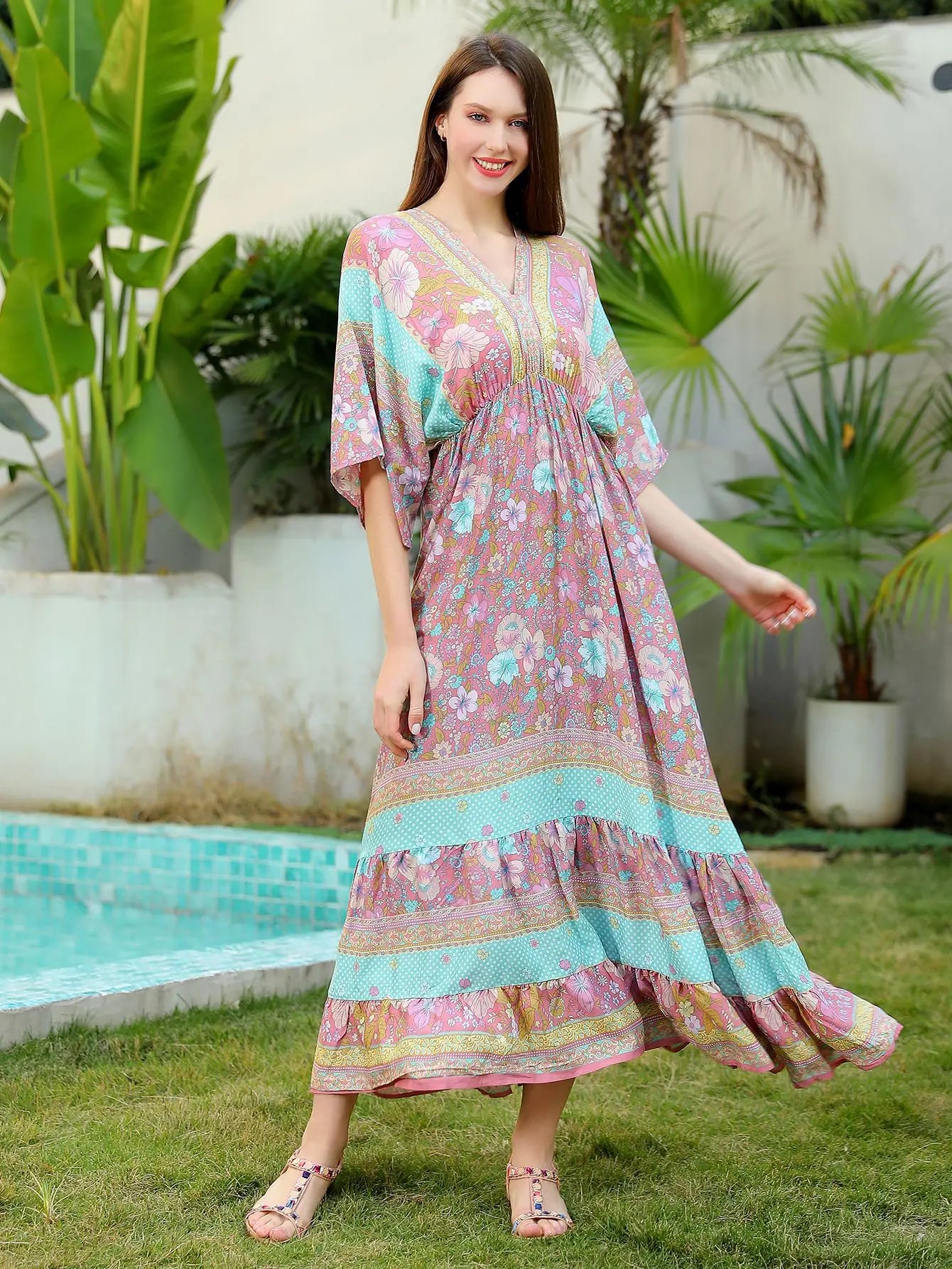 Bohemian Oversize Loose Elastic Waist Maxi Dresses Women Robe Cotton Rayon Floral Printed Long Dress Summer Boho Beach Cover up
