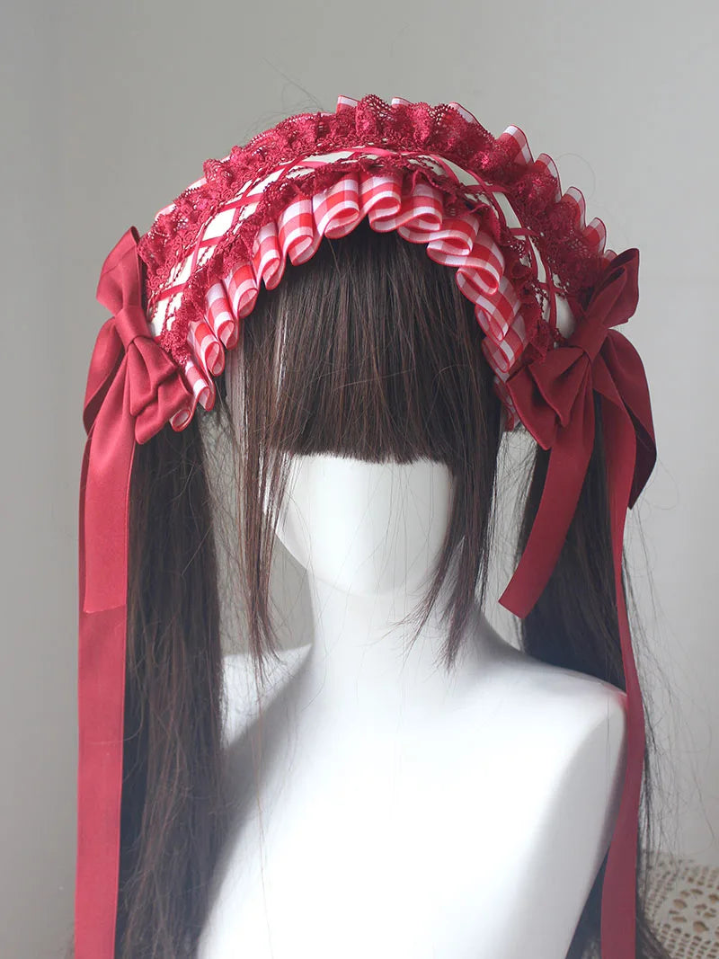 Lolita Sweet Plaid Bow Burgundy Hair Clip Hair Accessories Women Embroidery Lace Stitching Pleated Cake Top Hats Headgear Female