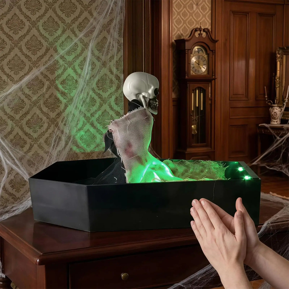 Halloween Sound Activated Animated Skeleton Coffin Decor Realistic Skeleton Green LED Lights Scary Sounds for Home Party Prank