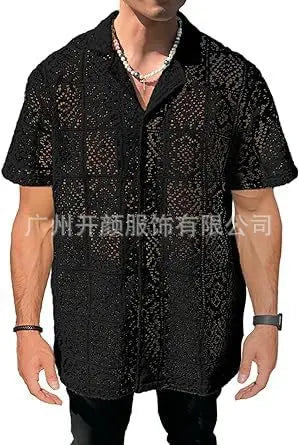 Summer Fashion Men's Lace Hollow Out Shirts Solid Breathable Casual Short-sleeved Cardigan Sexy See Through Mesh Blouse for Male