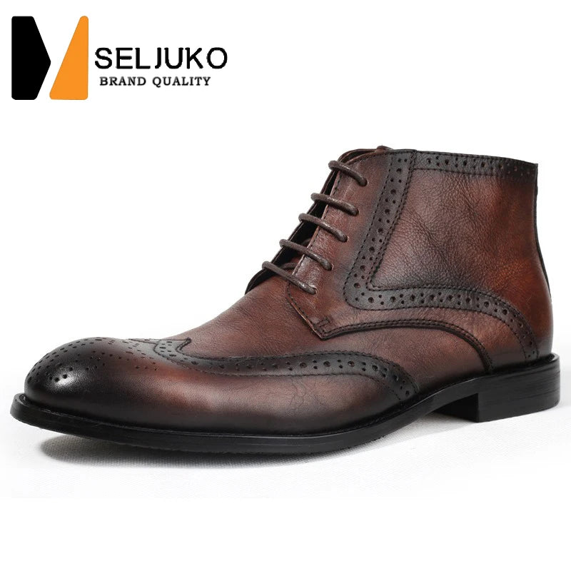 British Brock Carved Leather Boots Retro Business Formal Leather Shoes Fashion Men's Boots Cowhide Men's Short Boots
