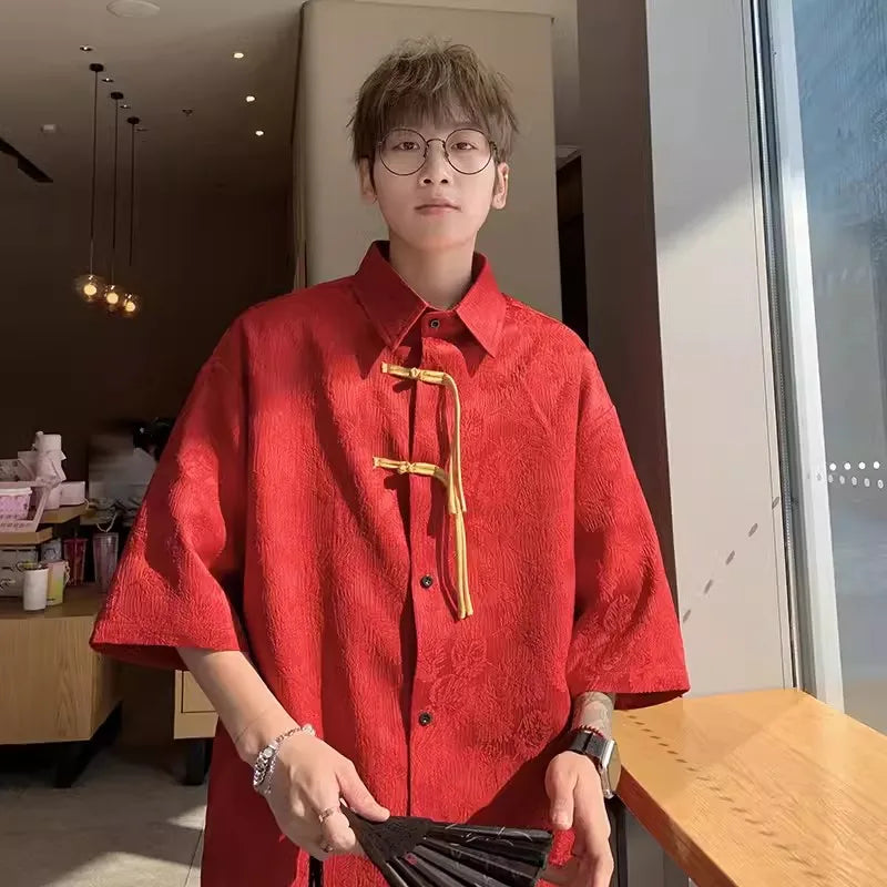 2024 Men Chinese Style Shirt Mens Tang Dress Hanfu Half-Sleeve Shirt Male Printing Kung Fu Outfit Loose Casual Tops