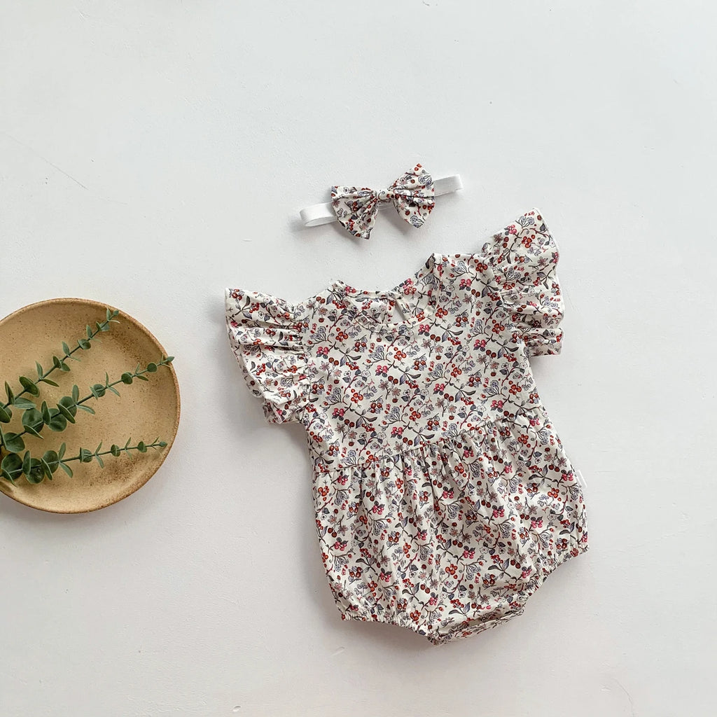 Lovely Romper+Headband 2 PCs Toddler Girl Floral Clothing Set Baby Cotton Soft Jumpsuit Newborn Flower Onesie Kids Summer Outfit