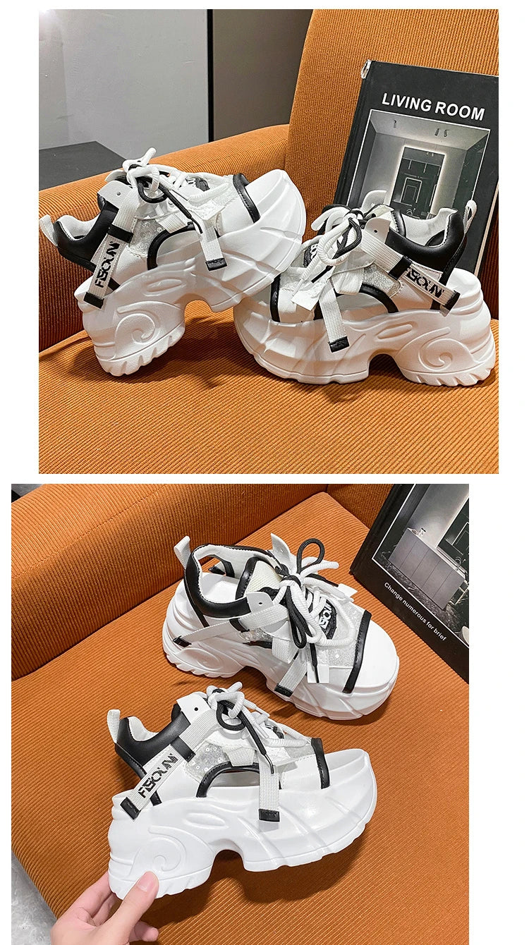 New High Platform Sandals Woman Summer Mesh Chunky Sneakers Female Wedges Slippers For Women Peep Toe Sandalia Feminina 8.5CM