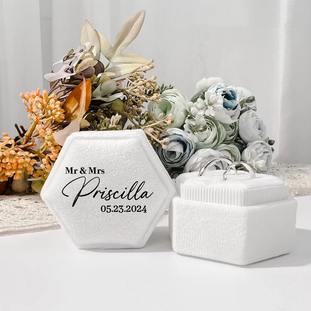 Customized Hexagonal Velvet Ring Box Wedding Engagement Gift Single/Double Ring Storage Box Display Stand Velvet Elegant Retro