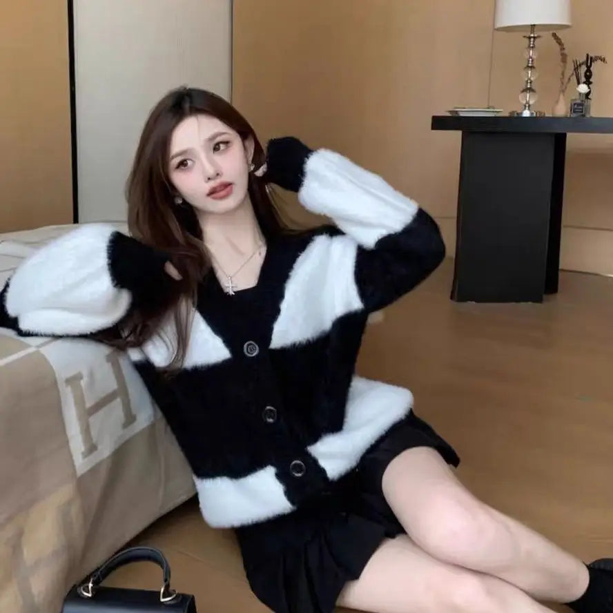 Women Mink Fur Knitted Cardigans Sweaters Autumn Winter Loose Sweet Fashion Stripe Lantern Sleeve Thicken Contrast Color Coats