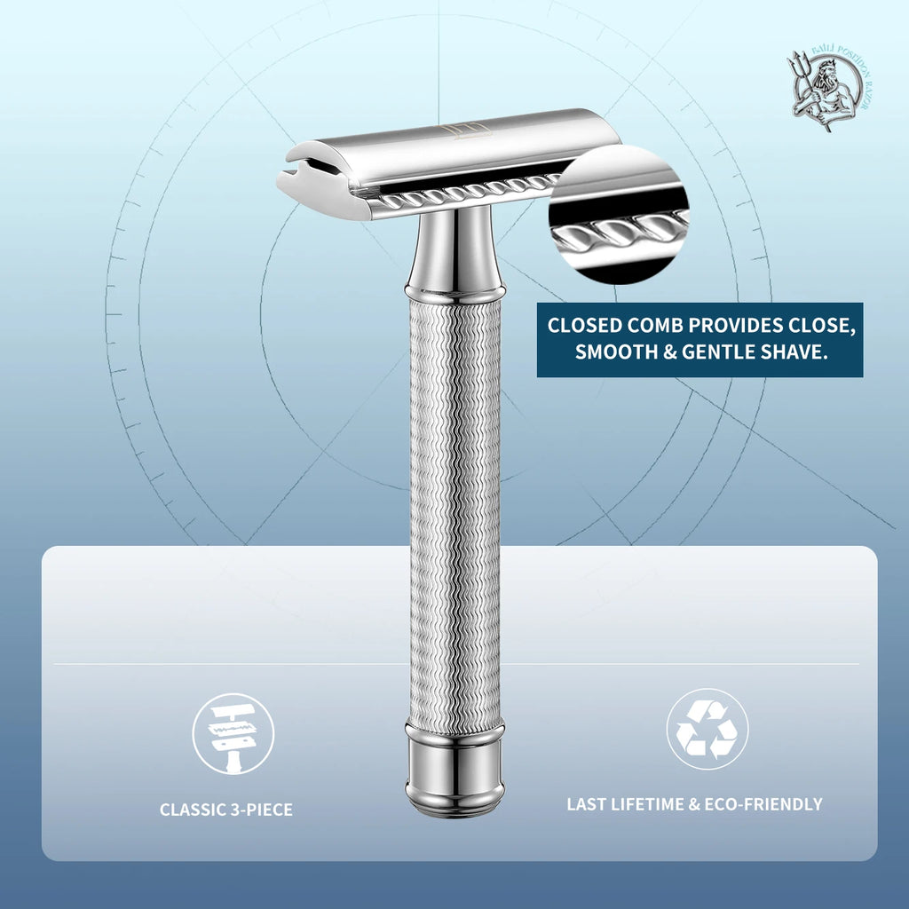 BAILI Double Edge Safety Razor Stainless Steel Wet Shave for Men Women Barber with 5 Platinum Blades Poseidon BRB1-SI