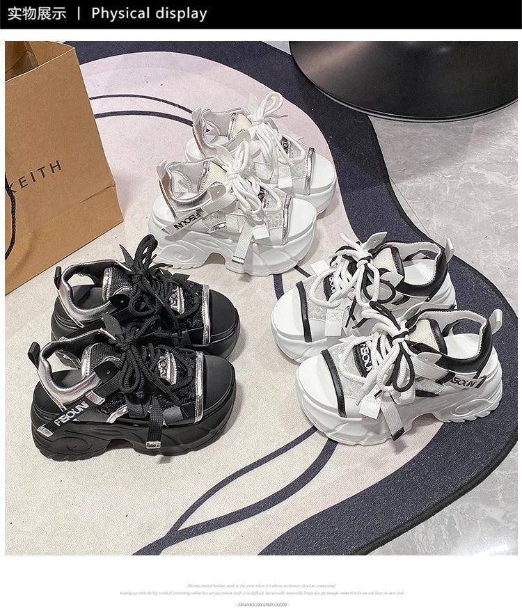 New High Platform Sandals Woman Summer Mesh Chunky Sneakers Female Wedges Slippers For Women Peep Toe Sandalia Feminina 8.5CM