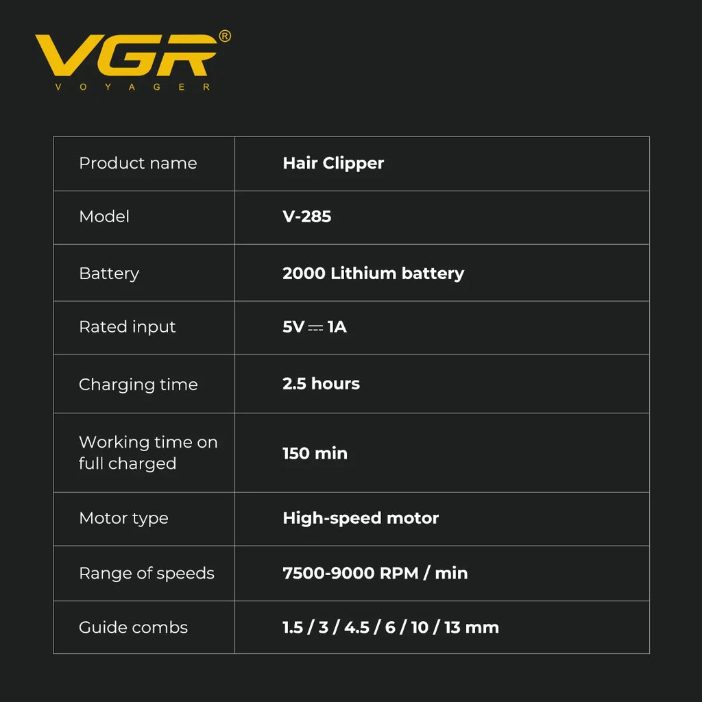 VGR Electric Hair Trimmers Professional 9000RPM Hair Clippers Rechargeable Haircut Machine Adjustable Barber Tool for Men V-285