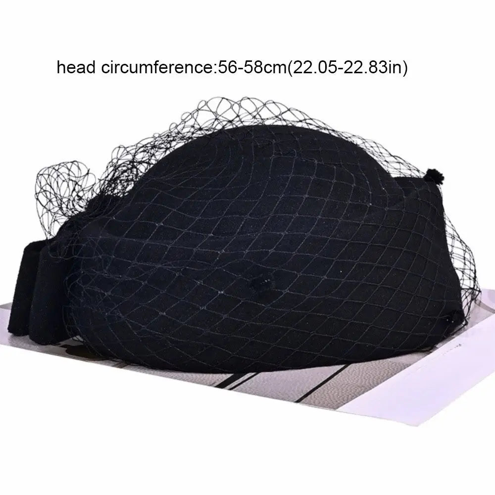 Sweet Mesh Wool Bow Hat with Veil Solid Color British Style Stewardess Cap Photography Decoration Woolen Pillbox Hat Headwear