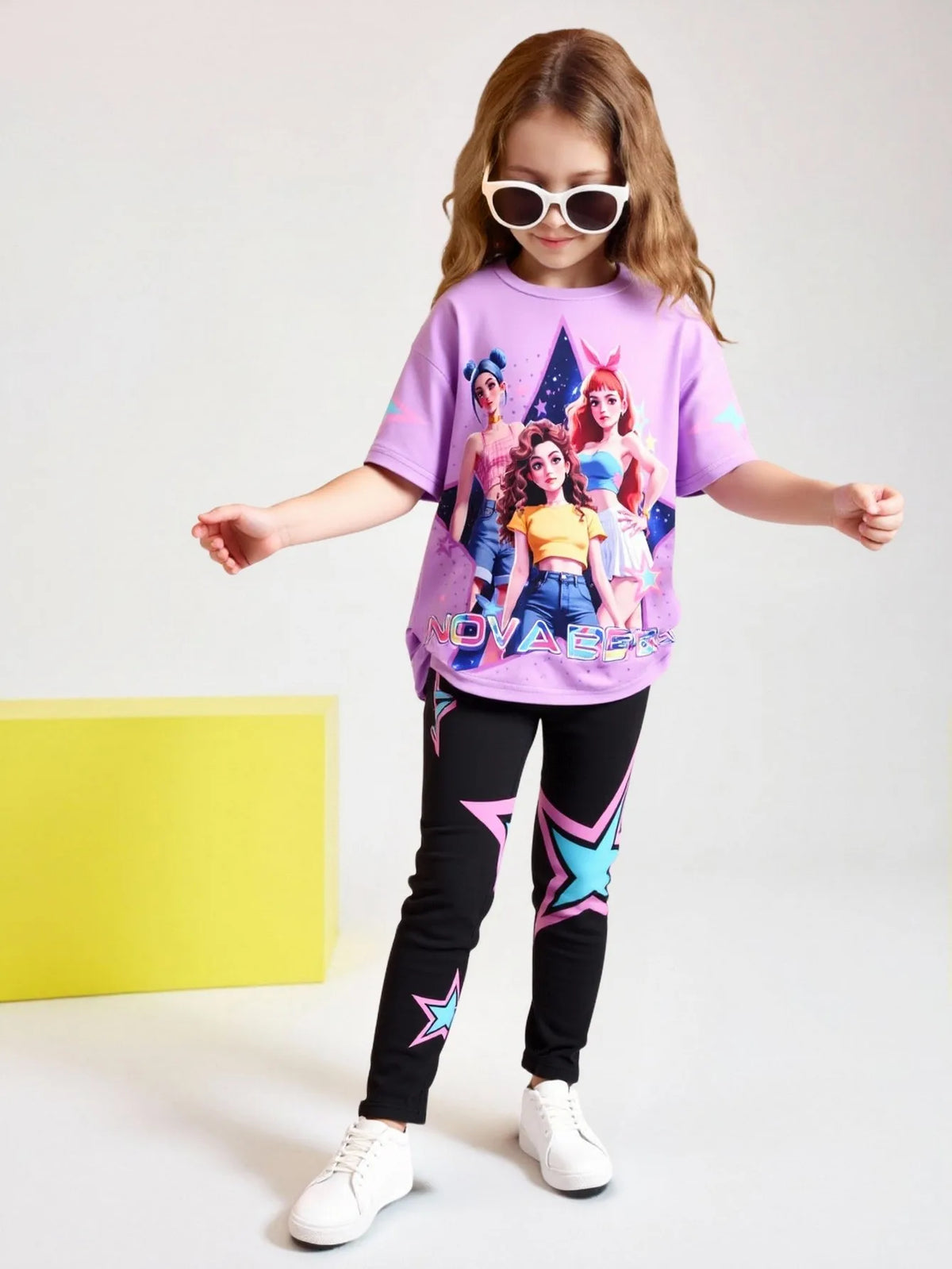 Conjunto de dos piezas de moda para niñas primavera/verano, camiseta de cuello redondo con estampado 3D de K-Pop dibujos animados anime, conjunto de pantalones ajustados