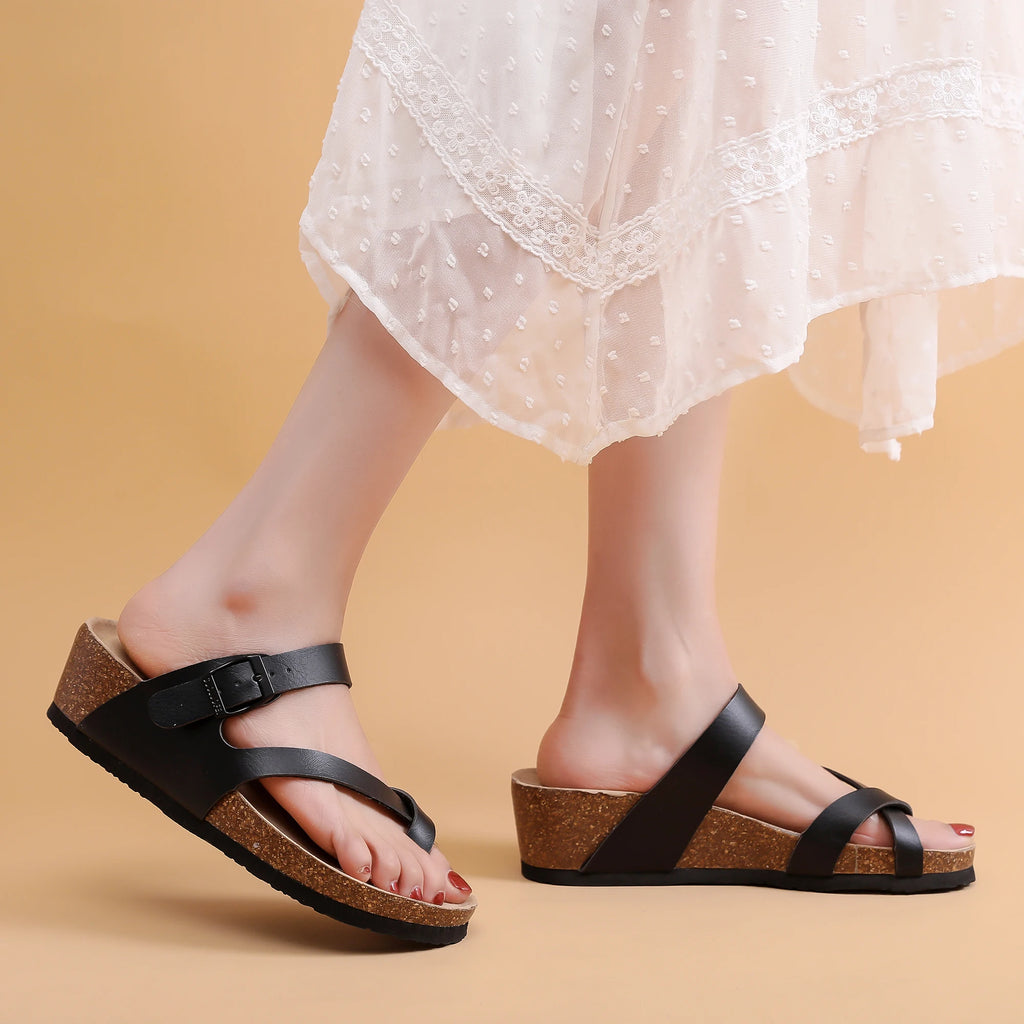 Casual Soft Cork Wedge High Heels Slippers Women Summer Beach Slide Sandals Flip Flop Cross Girl Couple House Outside Shoes