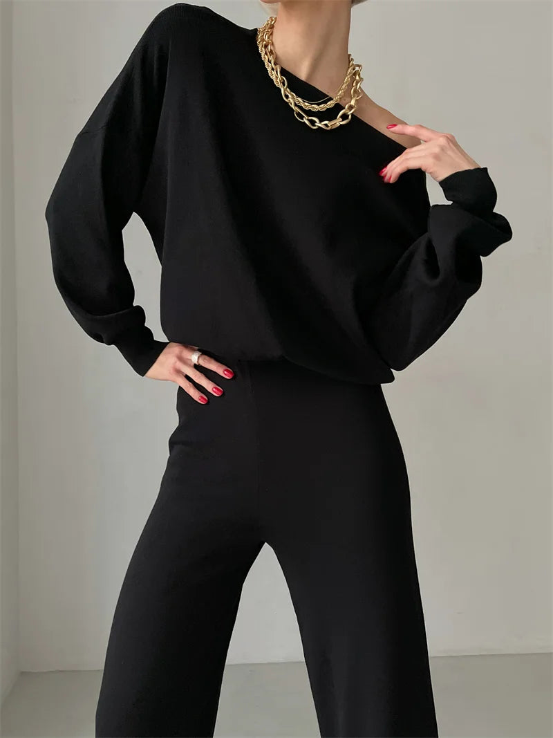 Elegant Winter Knit Pants Set Woman Sexy Loungewear 2 Piece Sweater Matching Sets Women Casual Knitted Two Piece Sets Women 2024