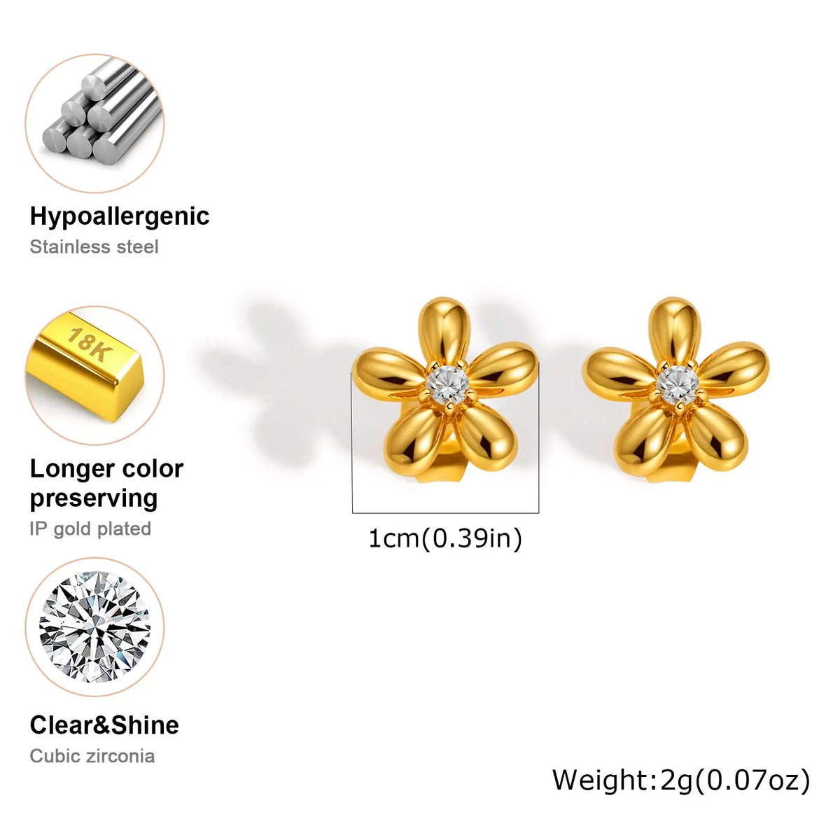 Stainless Steel Zircon Flower Stud Earrings for Women,18K Gold Plated Daily Earrings,Fashion Jewelry Mother's Day Gift